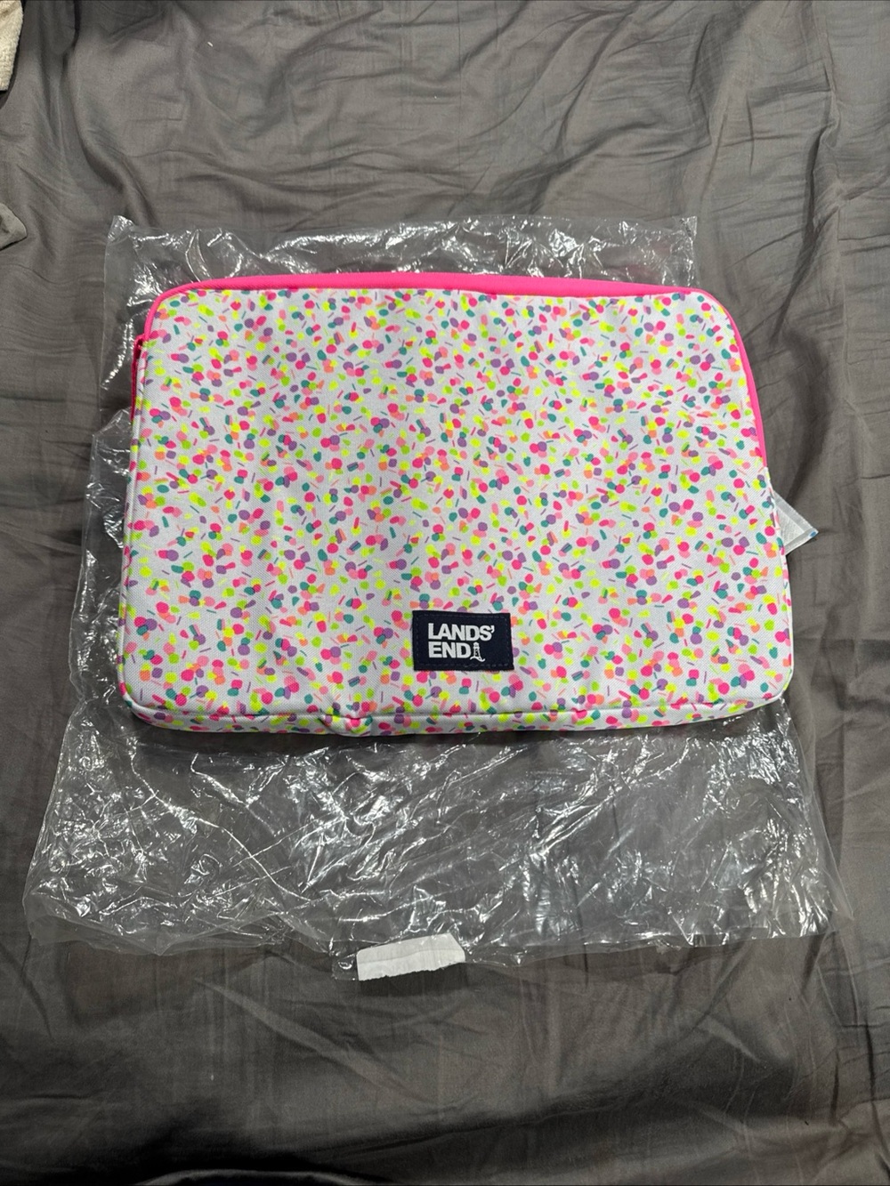 Lands' End White Laptop Sleeve with Pink Trim and Multicolor Confetti